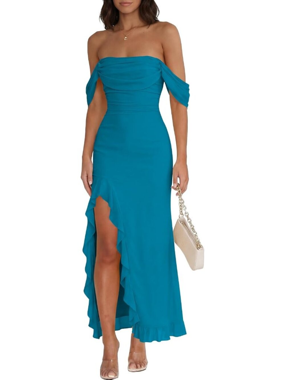 Women's Ink Blue Off Shoulder Bodycon Backless Sleeveless Wedding Maxi Dresses